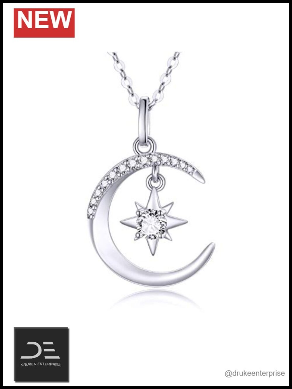 14k Gold Moon and North Star Pendant Necklace for Women